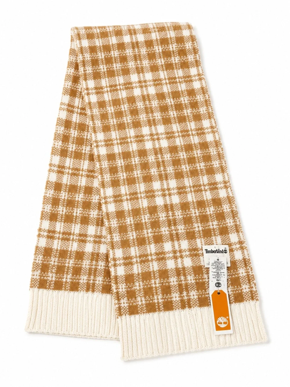 Timberland Plaid Knit Scarf Cream Camel NWT 63” Cozy Winter